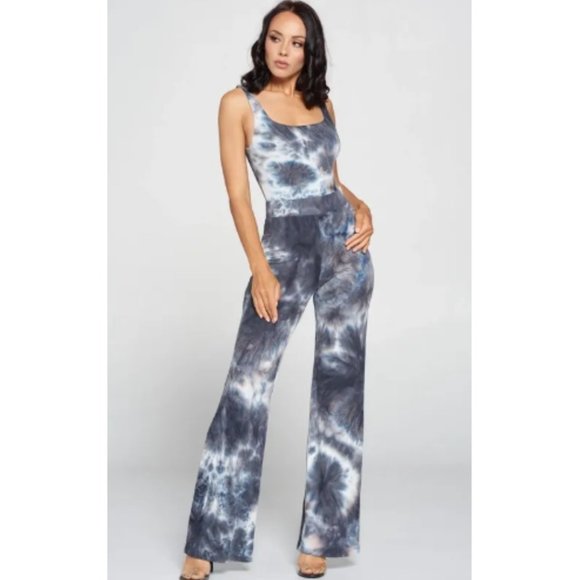 NWT Gray Blue Tie-Dye Print  Sleeveless Bodysuit & Pants Demi L Set - Picture 1 of 3